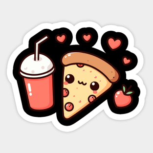 Pepperoni Pizza Slice with Milkshake and Hearts | Kawaii Style Food Art Sticker